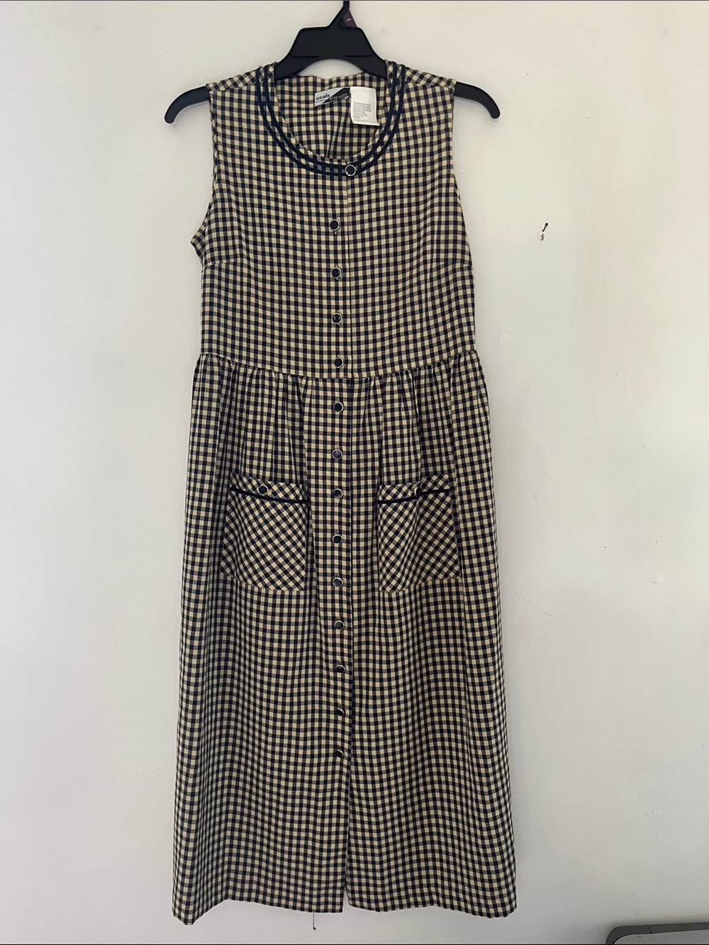 VintaSunshine Gingham Drop Waist Midi Dress Sz 12 Navy Cream Cottagecore Preppy